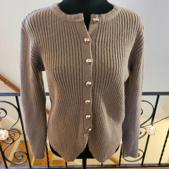 Commense Ribbed Knit Cardigan Gold Button Down Neutral Minimalist Sweater Size S - Picture 5 of 10